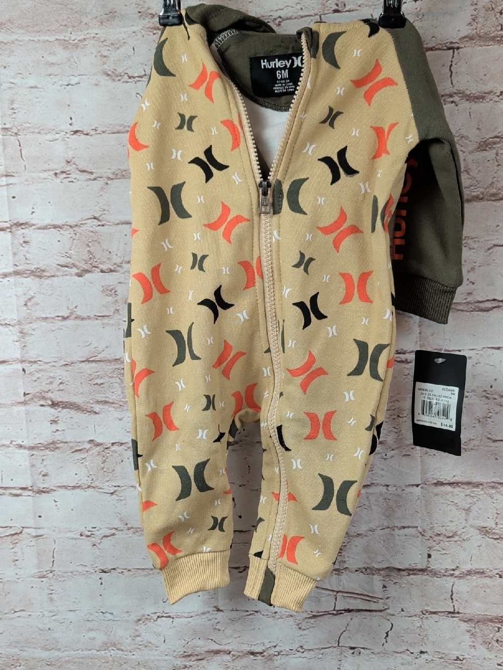 Hurley Tan and Olive Baby Zip One-Piece Outfit 6 Mos Boy's Nwt